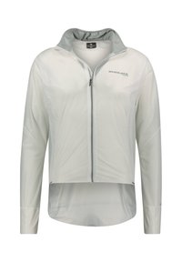 Lichte witte fietsjas met lange mouwen, rits aan de voorkant en een grijze kraag. Gemaakt van glad, doorschijnend materiaal. ENDURA-logo aanwezig.
