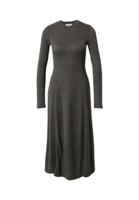 Langärmliges, dunkelgraues Kleid aus glattem, dehnbarem Stoff mit tailliertem Oberteil und fließendem Rock, mit rundem Ausschnitt und ohne Verzierungen.