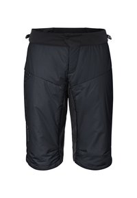 Zwarte geïsoleerde shorts met een gladde buitenlaag, verstelbare tailleband, zijzakken en een combinatie van glanzende en matte texturen.