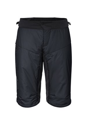 Schwarze isolierte Shorts mit einer glatten Außenschicht, verstellbarem Bund, Seitentaschen und einer Mischung aus glänzenden und matten Texturen.