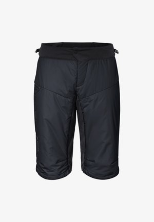 Zwarte geïsoleerde shorts met een gladde buitenlaag, verstelbare tailleband, zijzakken en een combinatie van glanzende en matte texturen.