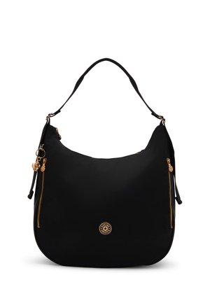 Schwarze Schultertasche mit runder Form, zwei vertikalen goldenen Reißverschlüssen an den Vorderseiten und einem kurzen Tragegurt.