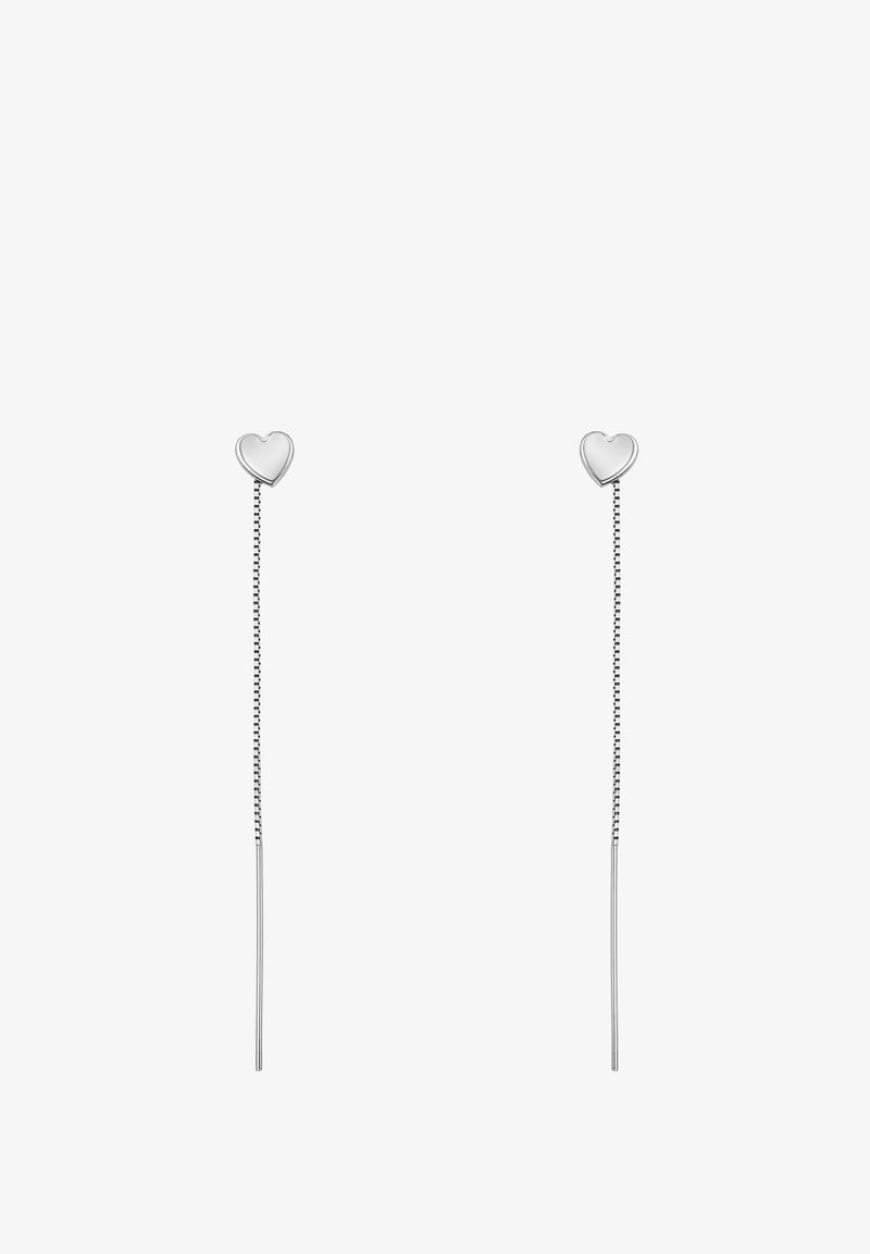 Boucles d'oreilles fil argent avec dessus en forme de cœur et fines chaînes suspendues sous chaque cœur.