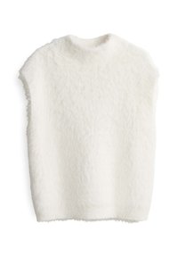 Flauschiges weißes ärmelloses Oberteil mit hohem Kragen. Besitzt eine weiche Textur und eine lässige Passform, zeigt minimale Nähte und eine einheitliche Farbe.