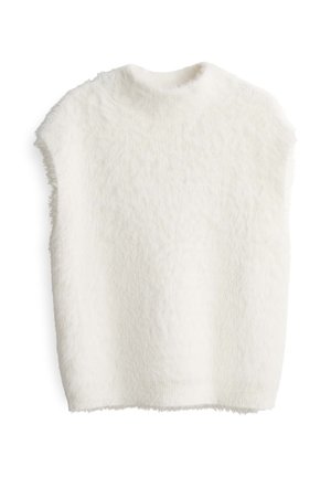 Top bianco peloso senza maniche con collo alto. Presenta una texture morbida e una vestibilità rilassata, mostrando cuciture minime e un colore uniforme.