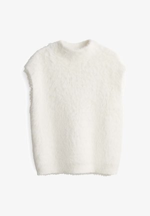 Top bianco peloso senza maniche con collo alto. Presenta una texture morbida e una vestibilità rilassata, mostrando cuciture minime e un colore uniforme.