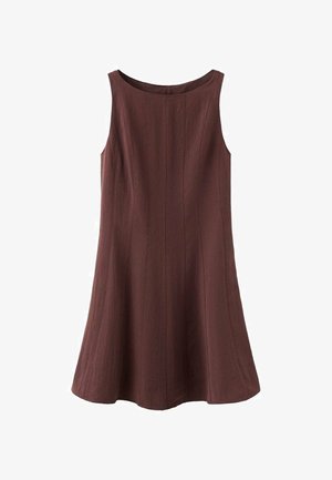 Vestido sin mangas de tejido marrón oscuro, con escote redondo y una silueta acampanada. Textura suave con detalles de costura vertical.