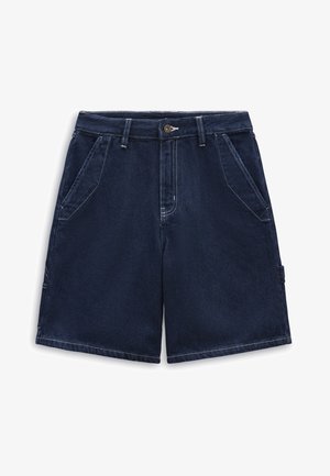 Tummansininen farkkushortsit, joissa on klassinen istuvuus, kaksi etutaskua, nappikiinnitys ja valkoiset ompeleet.