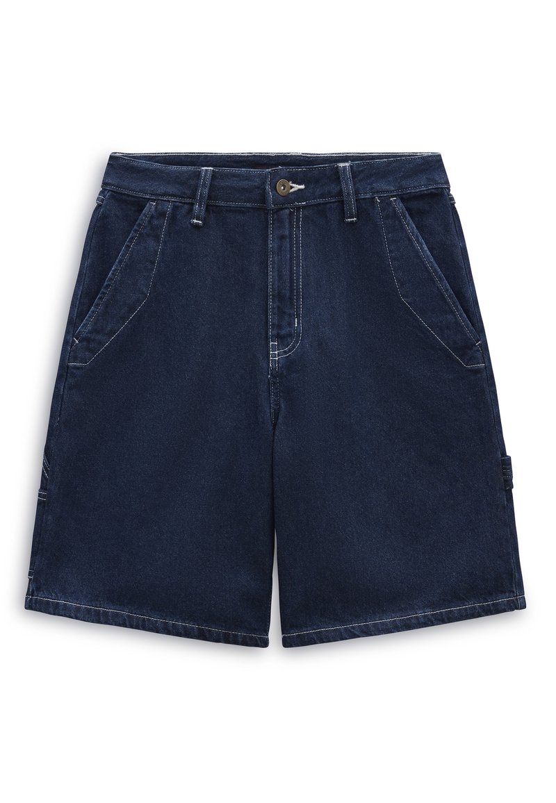 Navy blue denim shorts with a classic fit, featuring two front pockets, a button closure, and white stitching detailing.