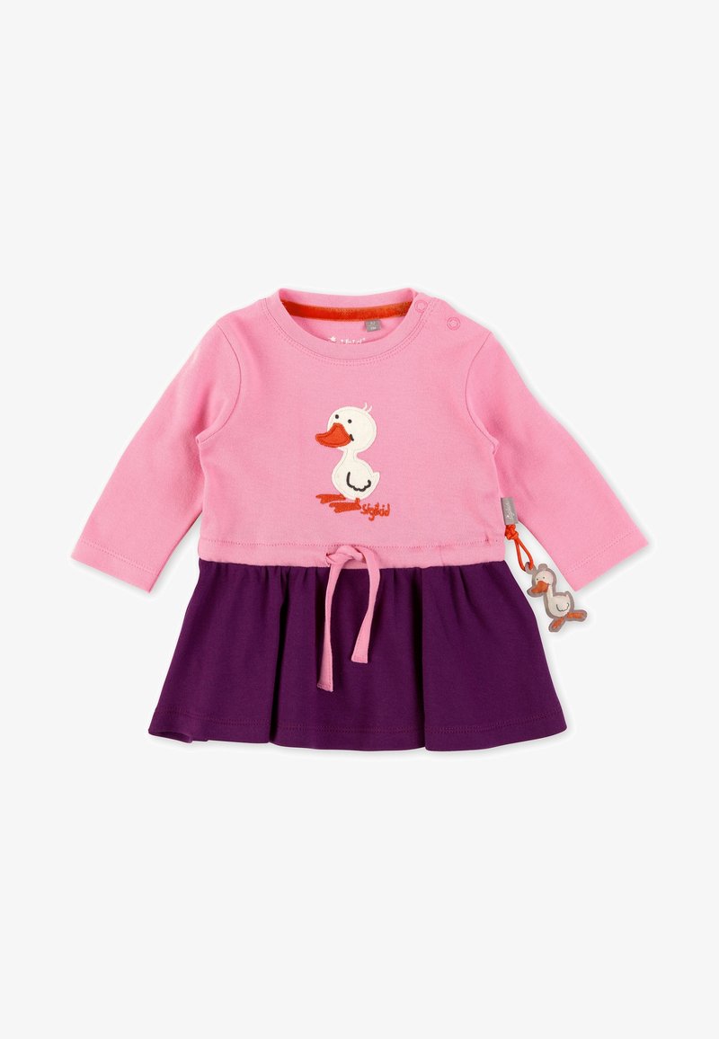 Robe longue à manches longues pour bébé, de couleur rose avec jupe violette, illustration de canard sur la poitrine, taille ajustable par cordon, et porte-clés en forme de canard attaché sur le côté.