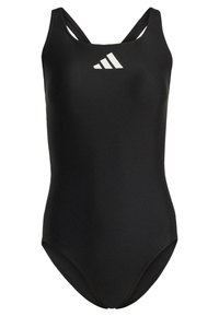 Black one-piece swimsuit with thin straps, featuring a white Adidas logo on the chest. Smooth texture and streamlined shape for comfort.