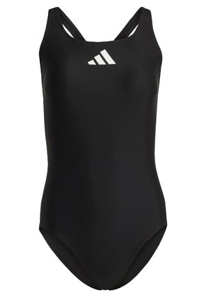 Crni jednodijelni kupaći kostim s tankim naramenicama, s bijelim Adidas logotipom na prsima. Glatka tekstura i aerodinamičan oblik za udobnost.