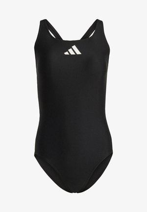 Black one-piece swimsuit with thin straps, featuring a white Adidas logo on the chest. Smooth texture and streamlined shape for comfort.