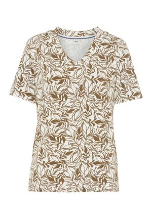 Maglietta bianca a maniche corte con scollo a V e motivo a tralci di foglie marroni su tutta la superficie.