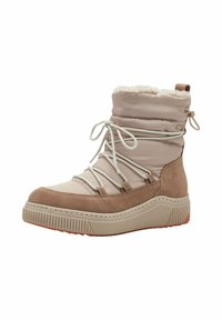 Lace-up gležnjače u svijetlo ružičastoj boji s podstavljenim okovratnikom, suede detaljima, teksturiranom gumenom potplatom i umjetnim krznom na vrhu.