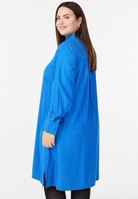 Kobieta z długimi brązowymi włosami, ubrana w niebieską sukienkę koszulową w pionowe paski, stoi na białym tle.