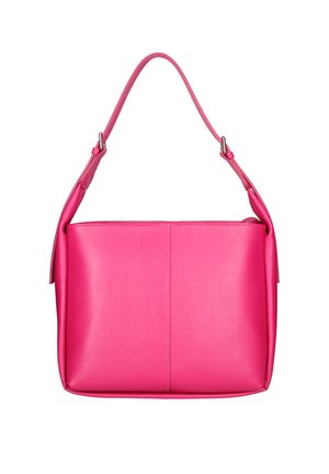 Roze leren handtas met een gestructureerde vorm, een handvat bovenop, een gladde textuur en een minimalistisch ontwerp. Zijdetails verhogen de visuele interesse.