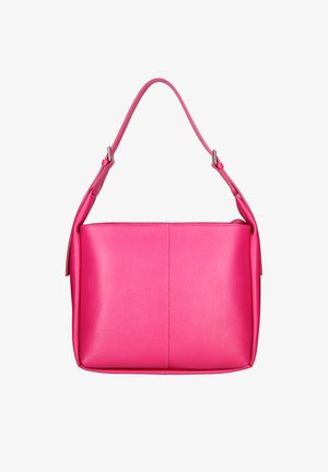 Pink leather handbag with a structured shape, top handle, smooth texture, and minimalistic design. Side details enhance visual interest.