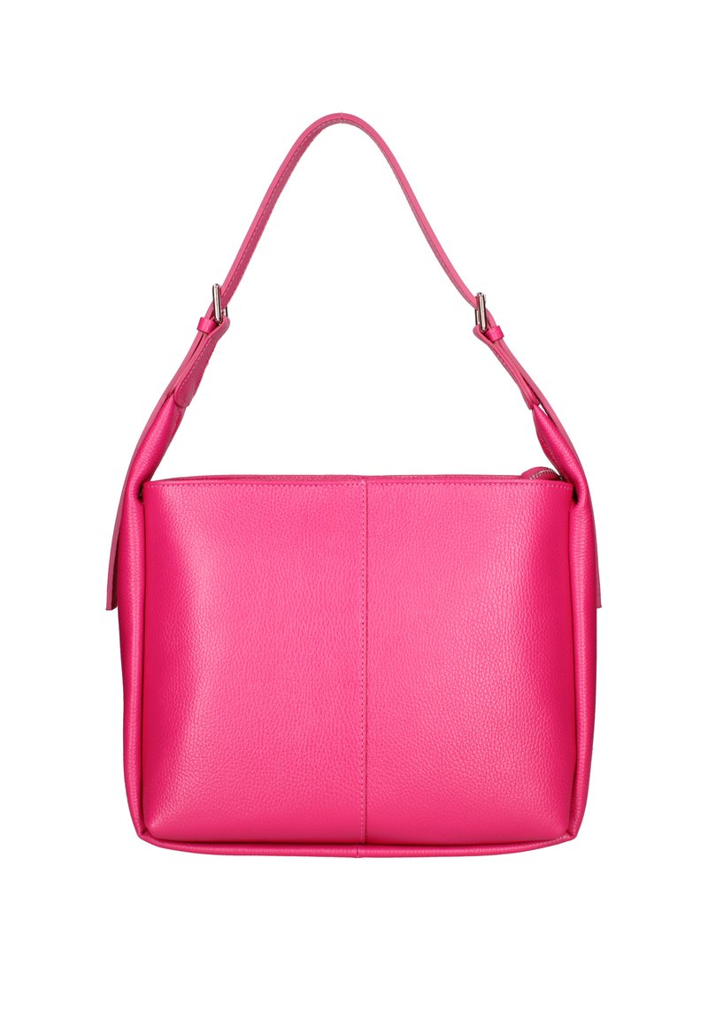Roze leren handtas met een gestructureerde vorm, een handvat bovenop, een gladde textuur en een minimalistisch ontwerp. Zijdetails verhogen de visuele interesse.