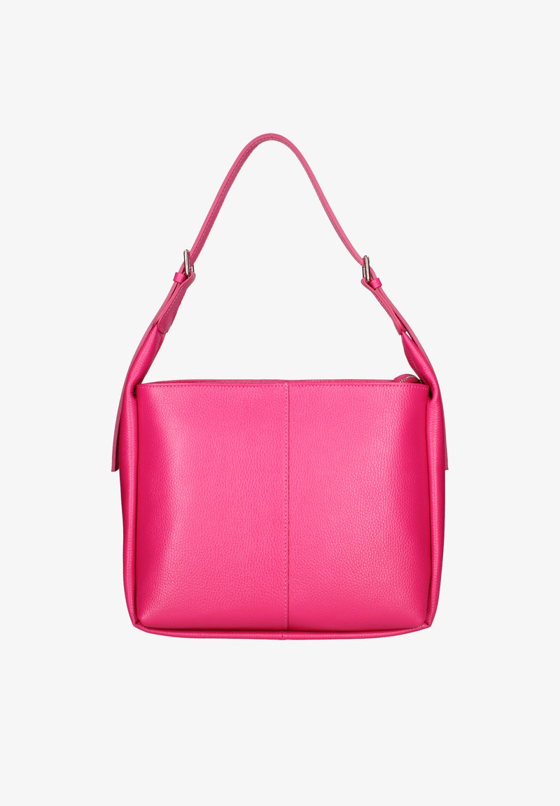 Roze leren handtas met een gestructureerde vorm, een handvat bovenop, een gladde textuur en een minimalistisch ontwerp. Zijdetails verhogen de visuele interesse.