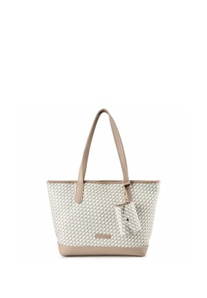 Borsa tote beige e bianca con motivo a fantasia, due manici beige e una piccola pochette coordinata attaccata a un manico.