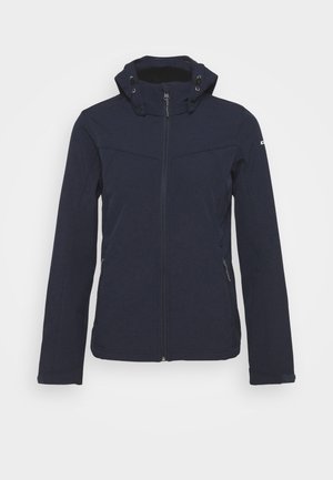 Marineblå softshell-jakke med glidelås foran, justerbar hette og glidelåslommer på sidene. Har en glatt tekstur og en tettsittende design.