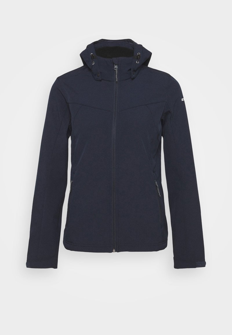 Veste softshell marine avec fermeture éclair à l'avant, capuche ajustable et poches latérales zippées. Présente une texture lisse et un design ajusté.