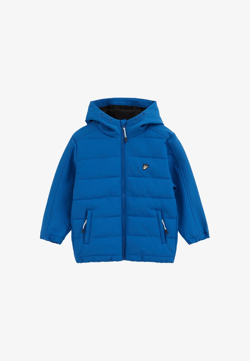 Veste matelassée bleue pour enfants avec capuche, fermeture éclair à l'avant, deux poches zippées et un petit logo d'oiseau sur la poitrine.