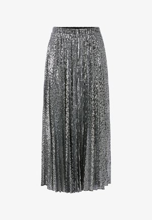 Strieborná sukňa s flitrami, so skladaným dizajnom, elastickým pásom, dlhá po zem, odrazová textúra a trblietavý povrch detailne porozhadzovaný po celom výrobku.