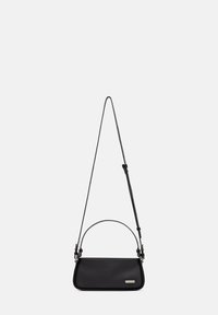 Black synthetic handbag with a rectangular shape, a detachable long strap, and a short handle. Features minimal hardware and a smooth texture.