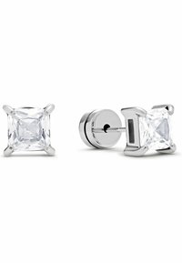 Orecchini a bottone in argento con pietre quadrate in zirconia cubica trasparente, con montatura a quattro artigli, finitura lucida e retro a perno rotondo.