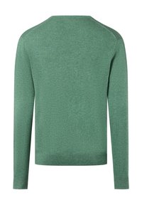 Grüner Strickpullover, Rundhalsausschnitt, lange Ärmel, weiche Textur, gleichmäßige Farbe, minimalistisches Design mit gerippten Bündchen und Saum.