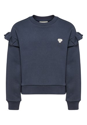 Granatowa bluza z długim rękawem z falbankami na ramionach oraz małym białym haftowanym logo na lewej piersi.
