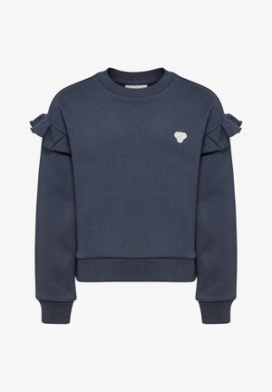 Marineblå langærmet sweatshirt med flæsedetaljer på skuldrene og lille hvid broderet logo på venstre bryst.