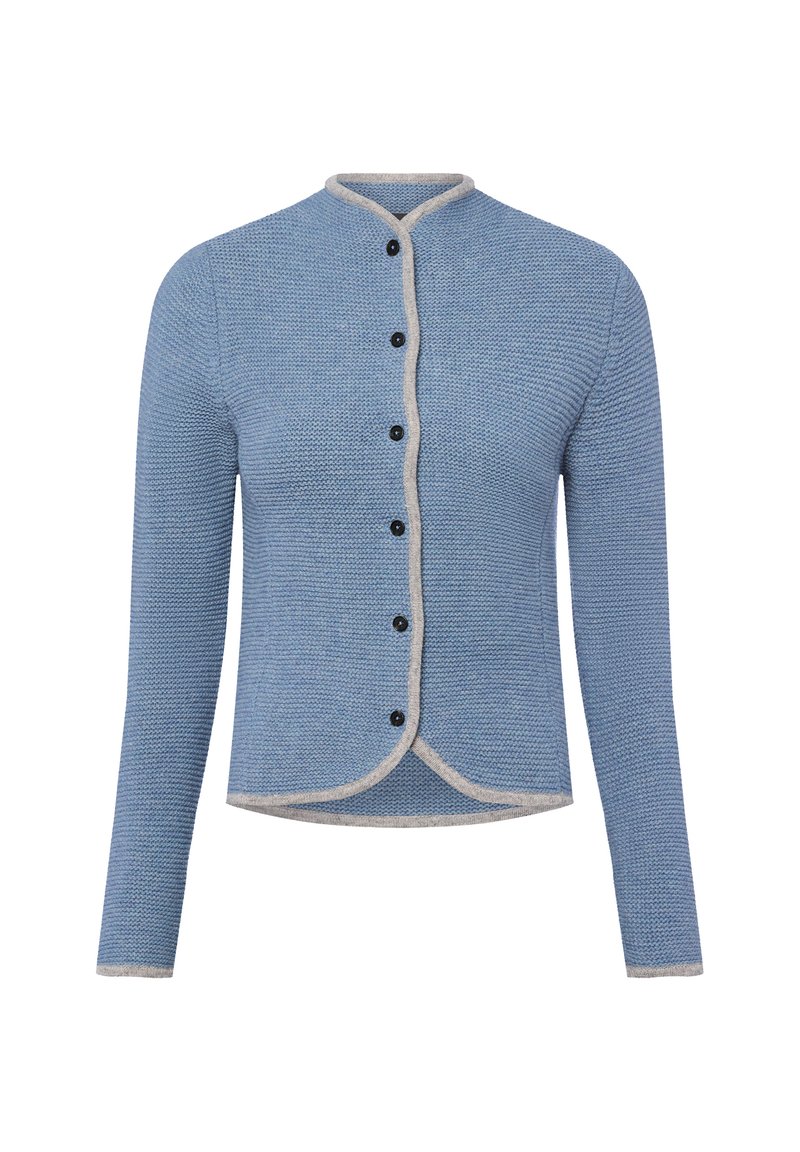 Blauer gestrickter Cardigan mit strukturiertem Muster, Rundhalsausschnitt, grauem Saum und schwarzen Knöpfen vorne. Lange Ärmel mit verkürztem Saum.