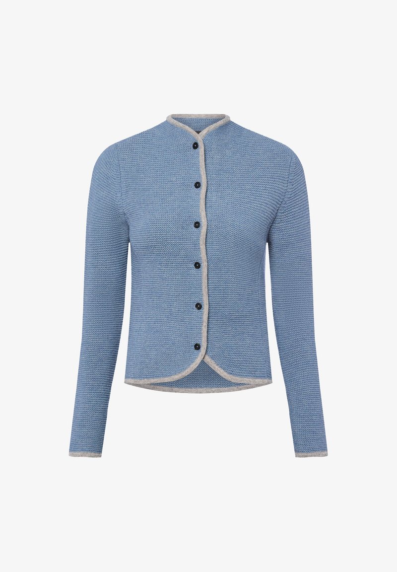 Blauer gestrickter Cardigan mit strukturiertem Muster, Rundhalsausschnitt, grauem Saum und schwarzen Knöpfen vorne. Lange Ärmel mit verkürztem Saum.