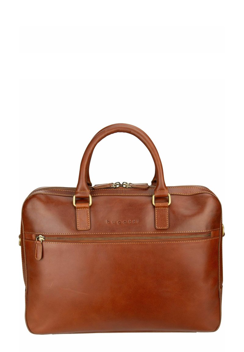Bolsa para portátil de piel marrón con dos asas, herrajes en tono dorado, un bolsillo frontal con cremallera y un logotipo sutilmente grabado. Textura suave, diseño minimalista.