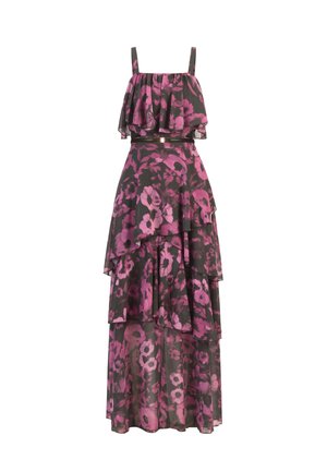 Maxi kjole med blomster mønster i nuancer af pink og sort, lagdelte flæser, justerbare spaghetti stropper og en tætsiddende talje.