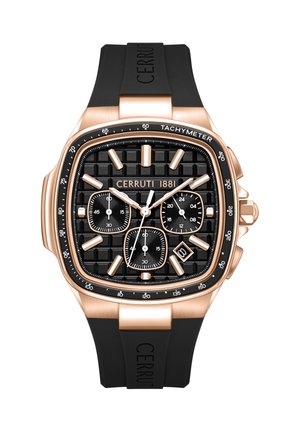 Nelikulmainen musta kellotaulu, jossa ruusukullan värinen kotelo, takymetriskaala, kolme apunäyttöä, päivämääräikkuna ja musta kumiranneke, jossa merkintä "Cerruti".