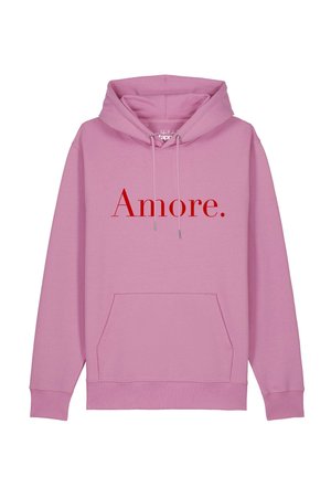 Sweat à capuche rose avec poche kangourou et cordons, avec le mot "Amore." en grandes lettres rouges sur la poitrine.