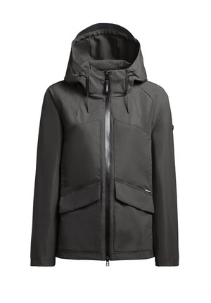 Dark gray waterproof jacket with a hood, zip closure, two front pockets, and a sleek, smooth texture. Features adjustable drawstrings.