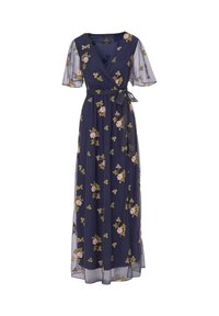 Navy-blaues Maxi-Kleid im Wickelstil mit kurzen, durchsichtigen Ärmeln. Verfügt über florale Stickereien in Rosa und Grün auf dem Stoff.