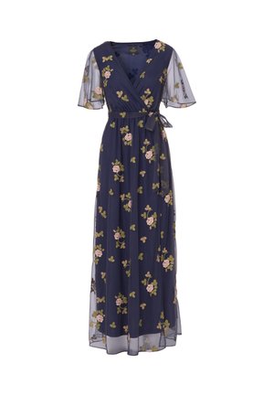 Navy-blaues Maxi-Kleid im Wickelstil mit kurzen, durchsichtigen Ärmeln. Verfügt über florale Stickereien in Rosa und Grün auf dem Stoff.
