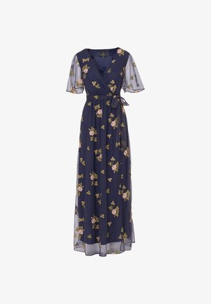 Robe maxi bleu marine à nouer avec de courtes manches transparentes. Présente une broderie florale en rose et vert sur le tissu.