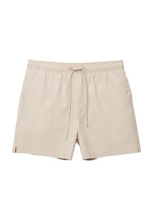 Pantaloni corti beige realizzati in tessuto leggero, con vita elasticizzata e cordoncino, tasche laterali e piccole aperture sull'orlo.