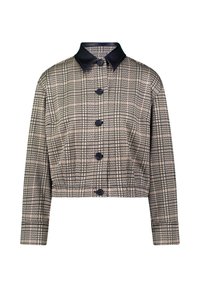 Cropped jas met een geruit patroon in beige en zwart, met een zwarte leren kraag en vijf zwarte knopen aan de voorkant.