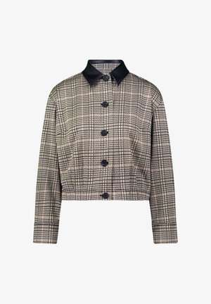 Krótkża kurtka w kratę w odcieniach beżu i czerni, z czarnym skórzanym kołnierzem i pięcioma czarnymi guzikami z przodu.