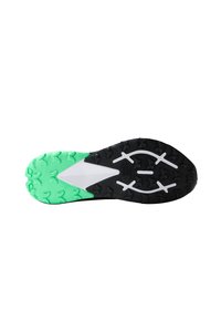 Sole di scarpa sportiva nera e verde con un motivo testurizzato, caratterizzata da un design triangolare bianco e lugs di trazione prominenti.