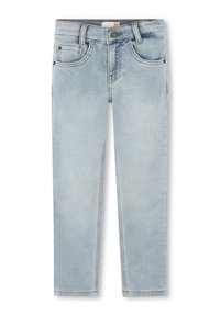 Jeans in denim azzurro chiaro con vestibilità regolare. Presentano tasche frontali e posteriori, passanti per cintura e dettagli di cucitura lungo le cuciture.