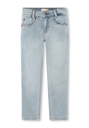 Jean en denim bleu clair avec une coupe classique. Comprend des poches avant et arrière, des passants de ceinture et des accents de couture le long des coutures.
